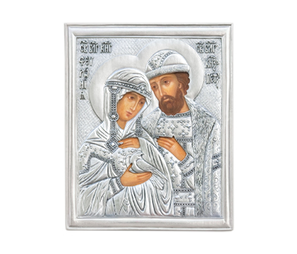 Икона святые Петр и Феврония (21 век) - посеребрённый оклад