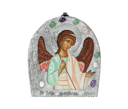 Икона Ангел-Хранитель в окладе арочная с серебрением и камнями