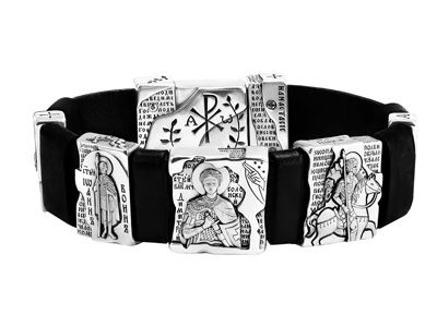 932 Браслет мужской "Святые воины" с образами святых и с молитвами, серебро 925 пробы, кожа